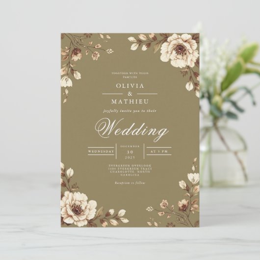 Aged Floral Frame Rustic Wedding Kaart (Staand voorkant)