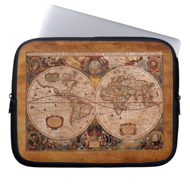 Aged Henricus Hondius' 1630 AD Old Wereldkaart Laptop Sleeve (Voorkant)