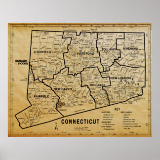 AGED PARCHMENT CONNECTICUT MAP POSTER