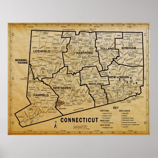 AGED PARCHMENT CONNECTICUT MAP POSTER (Voorkant)