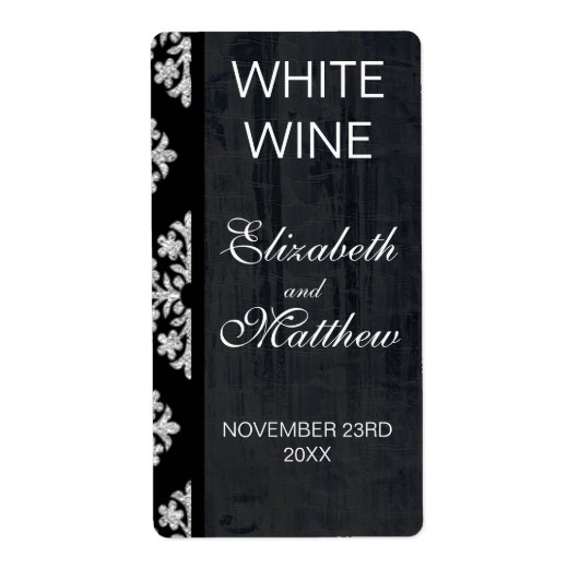 Aged Silver Damask Wedding Wine Labels (Voorkant)