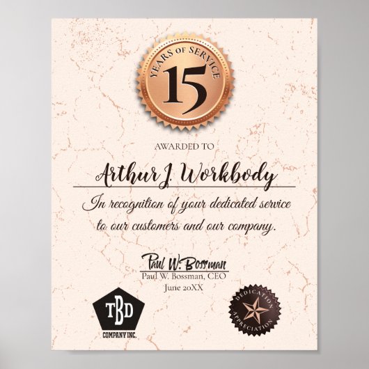 Aged stone gold employee anniversary certificate poster (Voorkant)