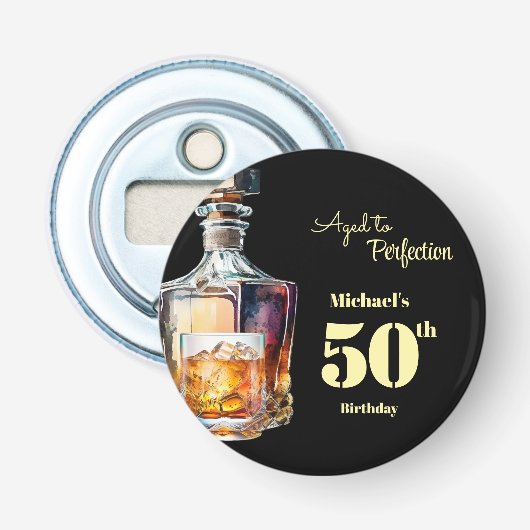 Aged to Perfection Men's 50th Whiskey Birthday  Button Flesopener (Voorkant)