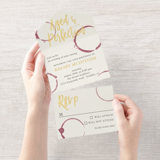 Aged to Perfection Stains Wine Tasting Party Gold All In One Uitnodiging (Uittrekbaar)