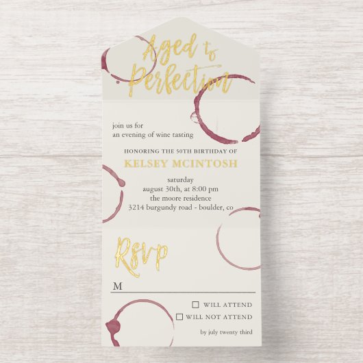 Aged to Perfection Stains Wine Tasting Party Gold All In One Uitnodiging (Binnenkant)