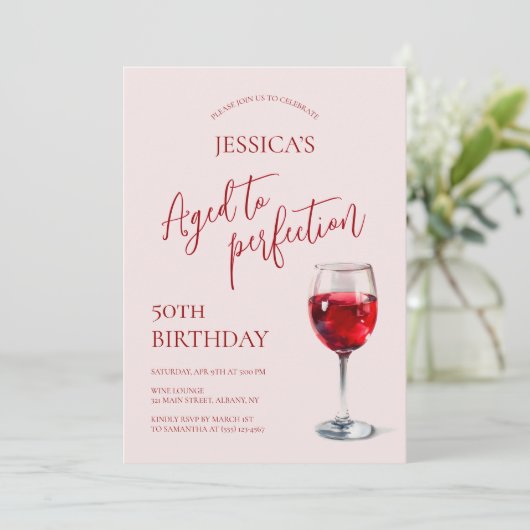 Aged to Perfection Wine Pink 50th Birthday Party Kaart (Staand voorkant)