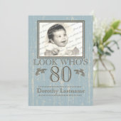 Aged Wood 80ste verjaardag foto blauw Kaart (Staand voorkant)