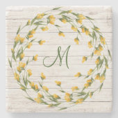 Aged Wood Monogram met Gele Bloem Wreater Stenen Onderzetter (Voorkant)