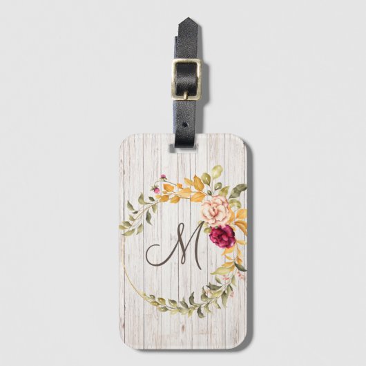 Aged Wood Monogram met Roos Bloom Wreater Bagagelabel (Voorkant (verticaal))