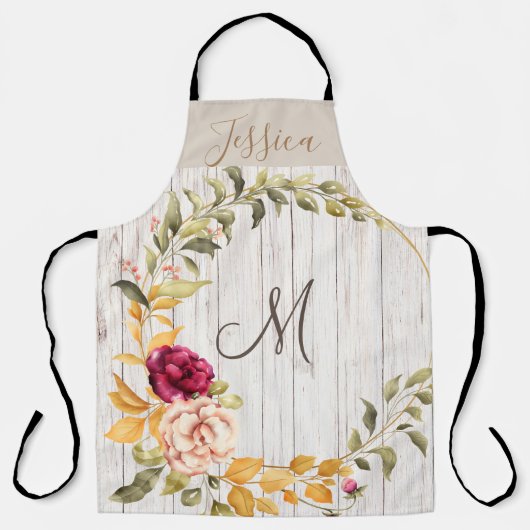 Aged Wood Monogram met Roos Bloom Wreater Schort (Voorkant)