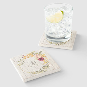 Aged Wood Monogram met Roos Bloom Wreater Stenen Onderzetter