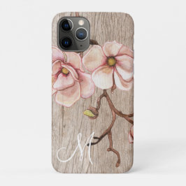Aged Wood Monogram met Roze Magnolias Case-Mate iPhone Case