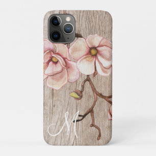 Aged Wood Monogram met Roze Magnolias Case-Mate iPhone Case