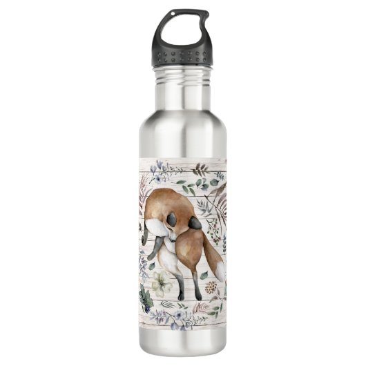 Aged Wood Monogram Naam Floral Fox Waterfles (Voorkant)