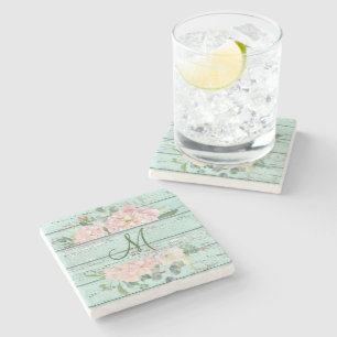 Aged Wood Monogram Naam met Hydrangea Bloom Stenen Onderzetter