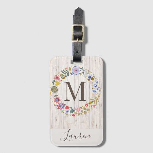 Aged Wood Monogram whimsical Flowers Bagagelabel (Voorkant (verticaal))