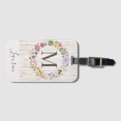 Aged Wood Monogram whimsical Flowers Bagagelabel (Voorkant (horizontaal))