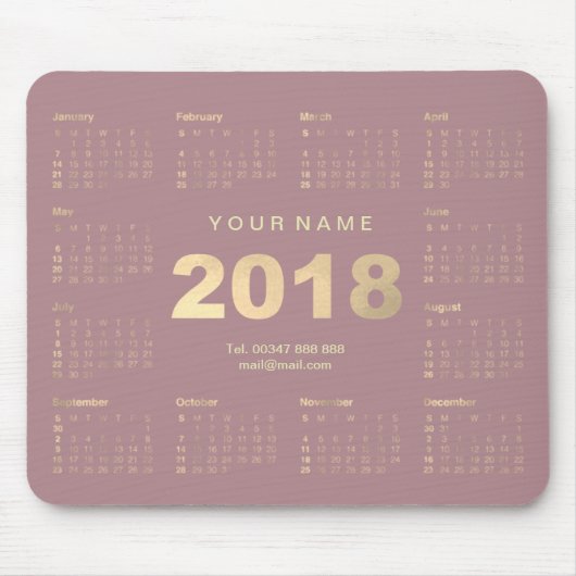 Agenda 2018 Mauve Pink Gold Name Contact Numer Muismat (Voorkant)