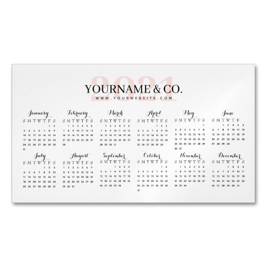 Agenda 2021 Bedrijfsnaam Blush Pink White Magnetisch Visitekaartje (Voorkant)