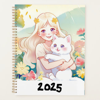 Agenda de chica abrazando a un gato