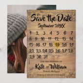 Agenda De datum opslaan Foto Rustieke houten panel Save The Date (Voorkant / Achterkant)