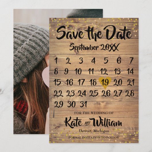 Agenda De datum opslaan Foto Rustieke houten panel Save The Date (Voorkant / Achterkant)