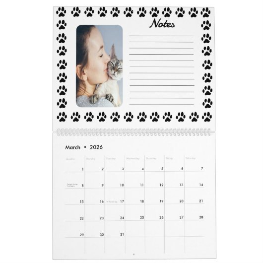  agenda met zwart pootafdrukpatroon kalender (Mar 2026)