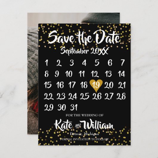 Agenda opslaan Datum foto Gold Dust Confetti Aankondigingskaart (Voorkant / Achterkant)