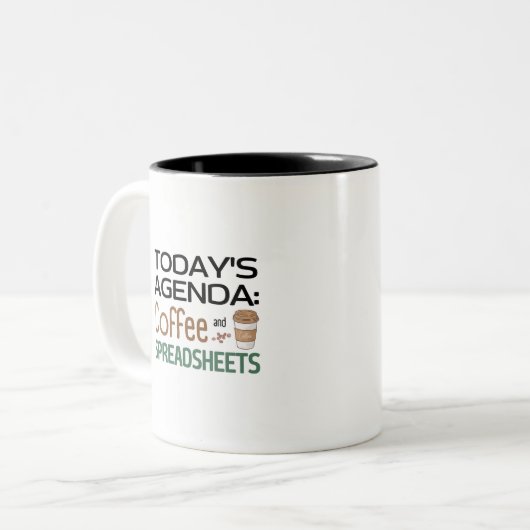 Agenda van vandaag: Koffie en spreadsheets met twe Tweekleurige Koffiemok (Voorkant links)