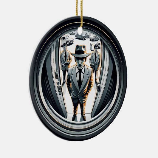 Agenten in het grijs aan de deur | Fisheye Keramisch Ornament (Rechts)