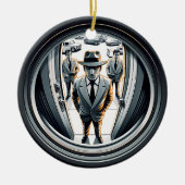 Agenten in het grijs aan de deur | Fisheye Keramisch Ornament (Voorkant)