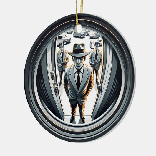 Agenten in het grijs aan de deur | Fisheye Keramisch Ornament (Links)