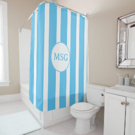 Agua Blue en White Cabana Striped Monogram Douchegordijn