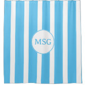 Agua Blue en White Cabana Striped Monogram Douchegordijn (Voorkant)