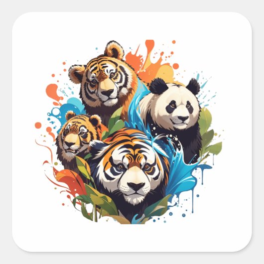 Agua tijger Leo panda urso splash Vierkante Sticker (Voorkant)