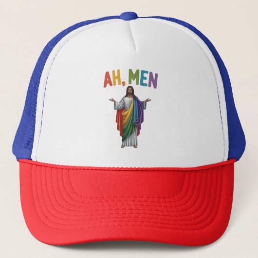 Ah Mannen Funny LGBT Gay Pride Jesus Rainbow Flag Trucker Pet (Voorkant)