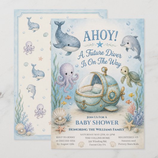 AHOJ! Uitnodiging voor Future Diver Baby Shower me (Voorkant / Achterkant)