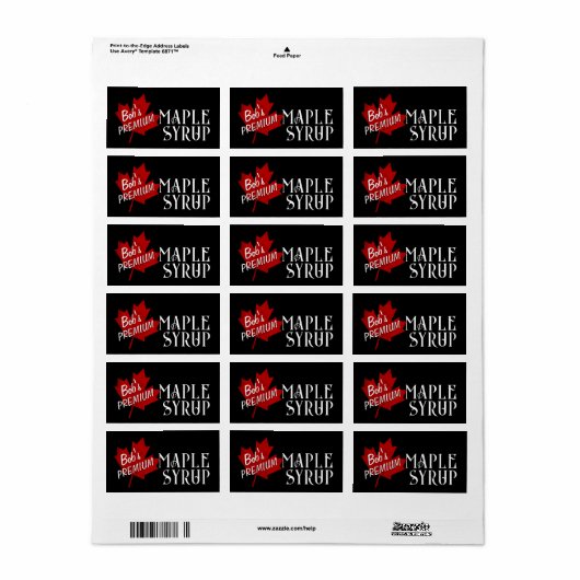 Ahornstroop Rood Grunge Maple Leaf op Zwart Etiket (Full Sheet)