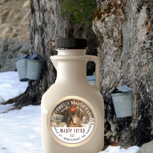 Ahornstroop Tapped Trees Maple Leaf Gold Border Ronde Sticker