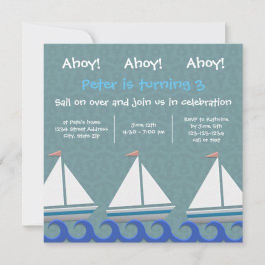 Ahoy Ahoy Ahoy 3 Sailships - Birthday Invitation Kaart (Voorkant)