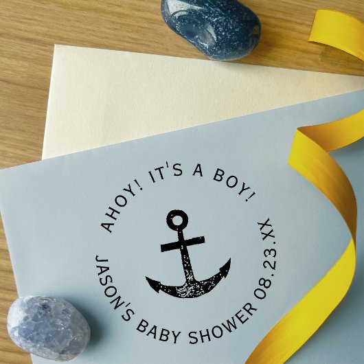 Ahoy. Anchor Nautical Blue Round Baby shower Zelfinktende Stempel