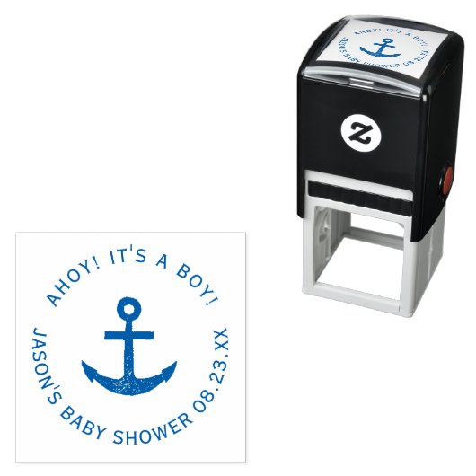 Ahoy. Anchor Nautical Blue Round Baby shower Zelfinktende Stempel (In situ)