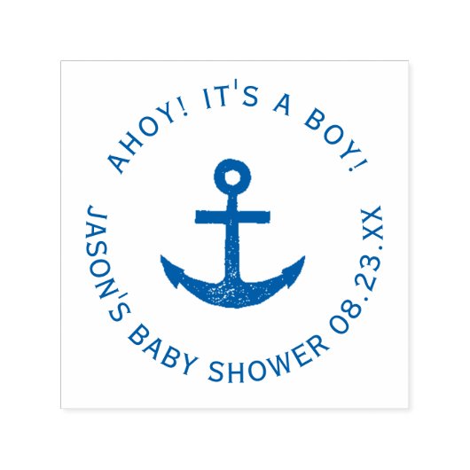 Ahoy. Anchor Nautical Blue Round Baby shower Zelfinktende Stempel (Design)