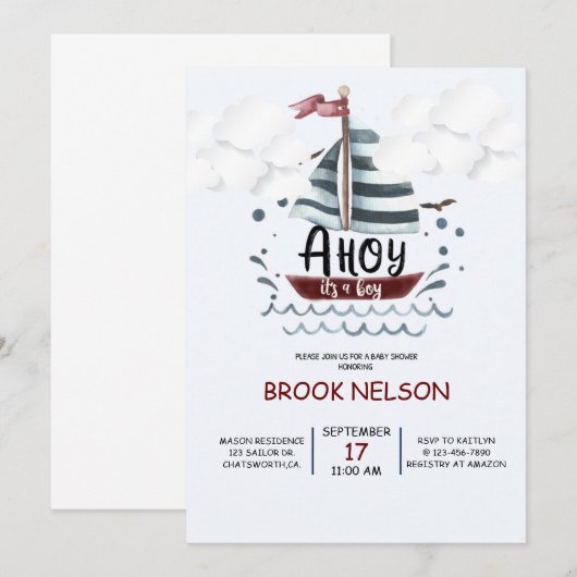 AHOY, BABY SHOWER, HET IS EEN BOY, EEN NAUTISCHE W (Voorkant / Achterkant)