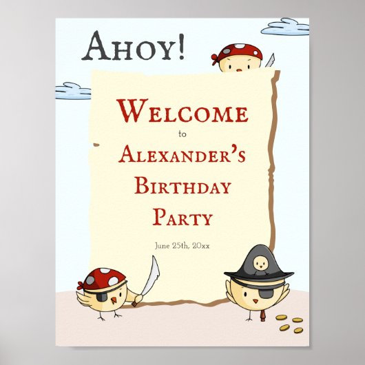 Ahoy Bird Pirate Theme Birthday Welkom Poster (Voorkant)