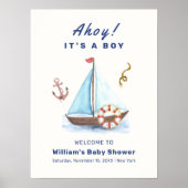 Ahoy Boy Nautische Zeilboot Baby shower Welkom Poster (Voorkant)