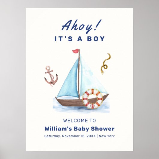 Ahoy Boy Nautische Zeilboot Baby shower Welkom Poster (Voorkant)