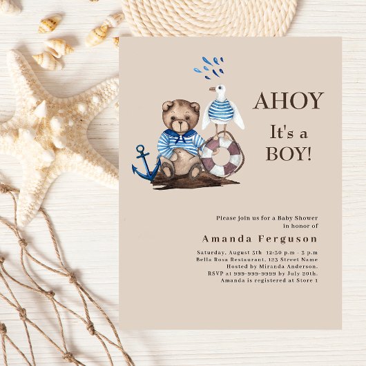 Ahoy boy teddy zeiler beige Baby shower uitnodigin