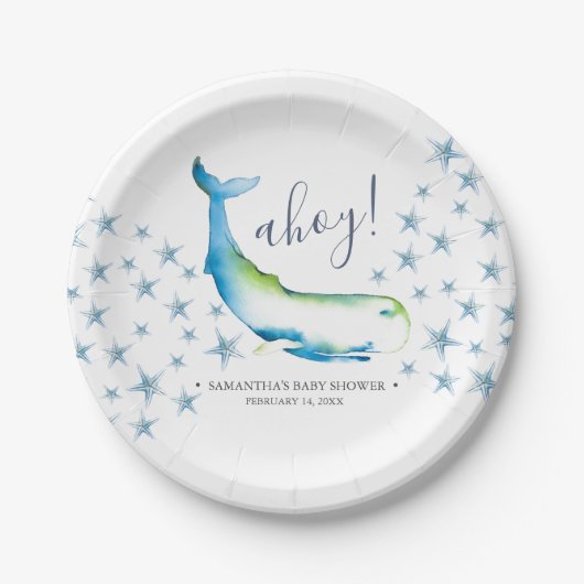 Ahoy Cute Blue Whale Baby shower Papieren Bordje (Voorkant)