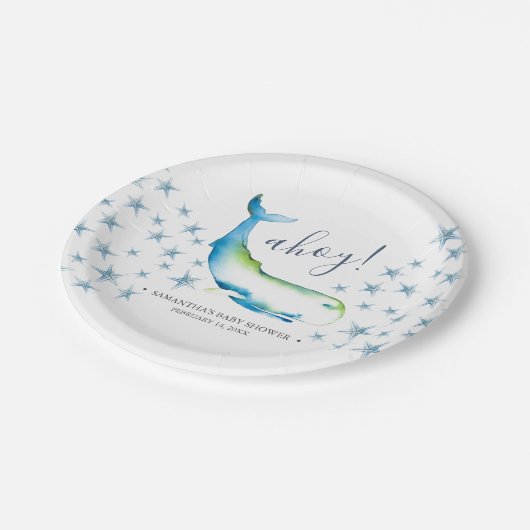 Ahoy Cute Blue Whale Baby shower Papieren Bordje (Gekanteld)